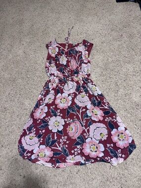 LOFT Burgundy Floral Midi Dress with Pink Blooms